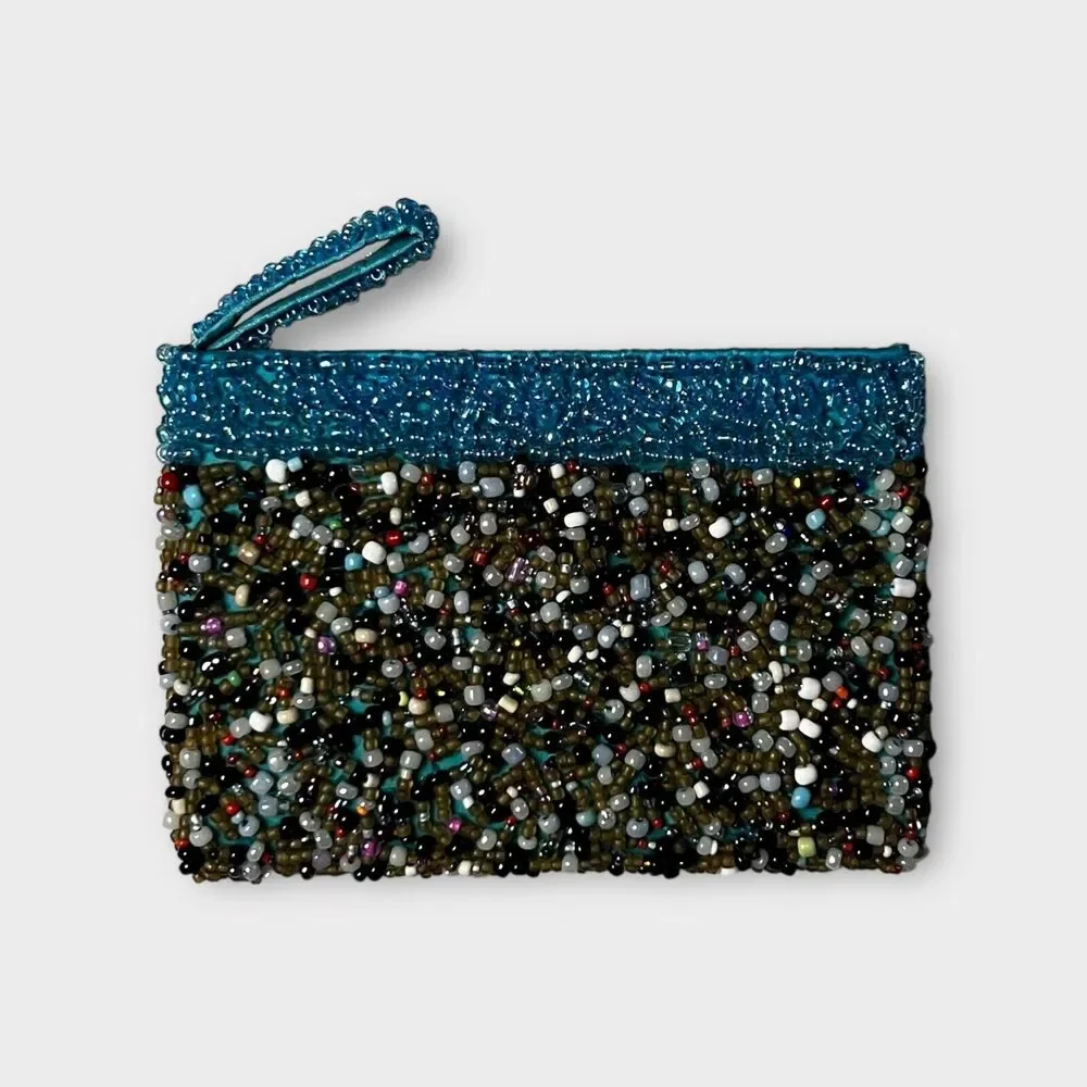 Beaded Blue, Gray, Pearl Zip Top Lined Clutch Purse, Change Purse